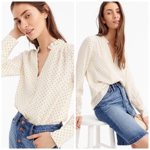 J. Crew Tops - J. Crew 100% Silk Ruffle Neck Polka Dot Blouse